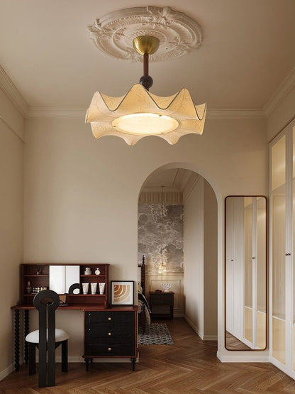 Floral Fabric LED Ceiling Fixture with Wood & Iron Accents