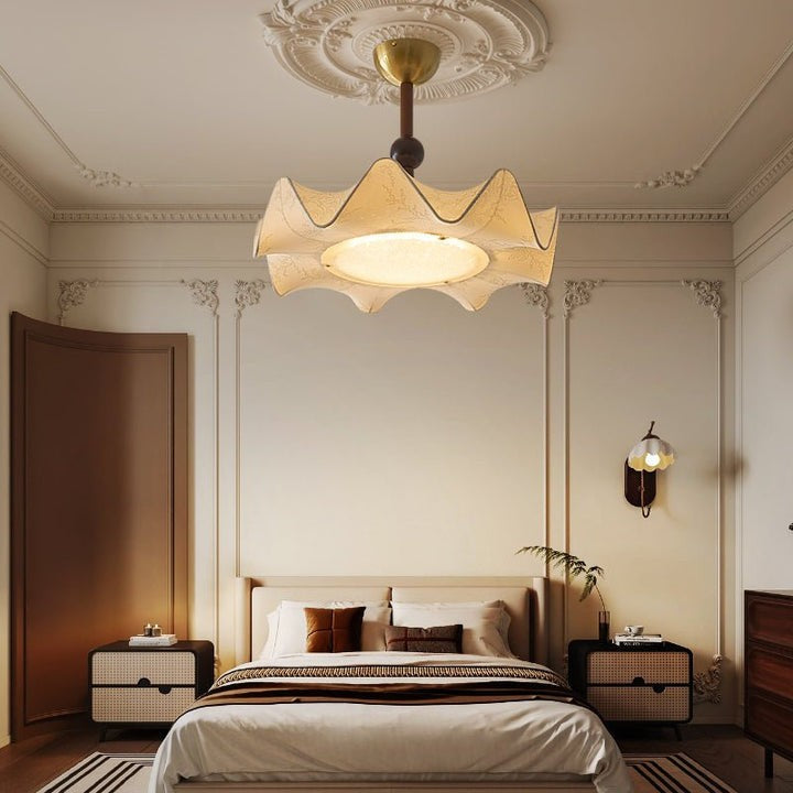 Floral Fabric LED Ceiling Fixture with Wood & Iron Accents