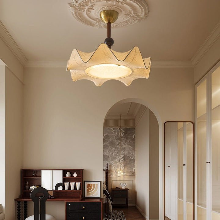 Floral Fabric LED Ceiling Fixture with Wood & Iron Accents