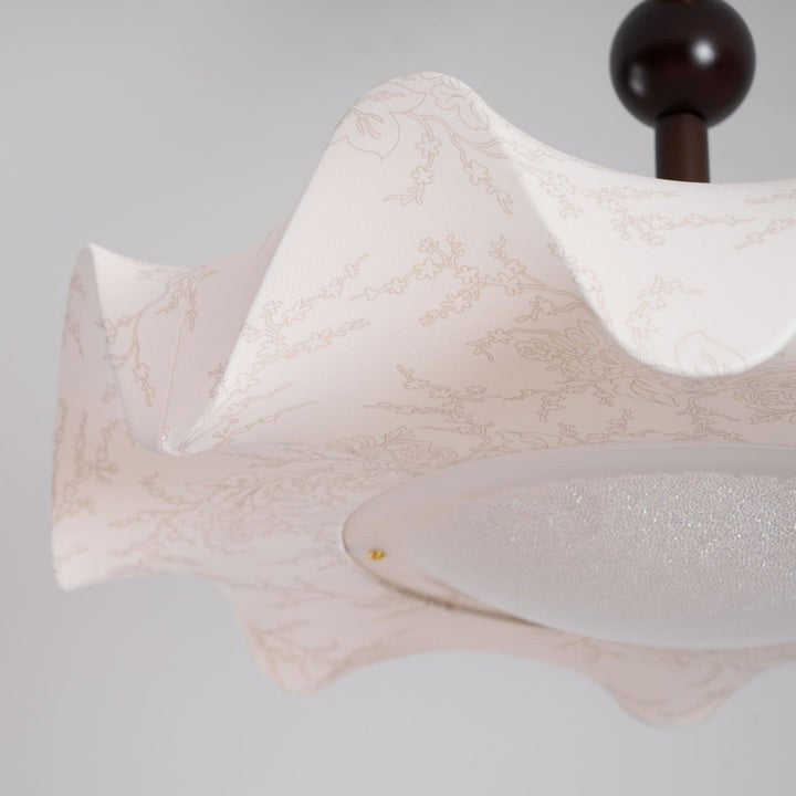 Floral Fabric LED Ceiling Fixture with Wood & Iron Accents