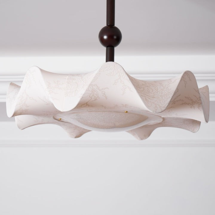 Floral Fabric LED Ceiling Fixture with Wood & Iron Accents