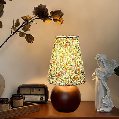 Floral Pattern LED Table Lamp with Wooden Base