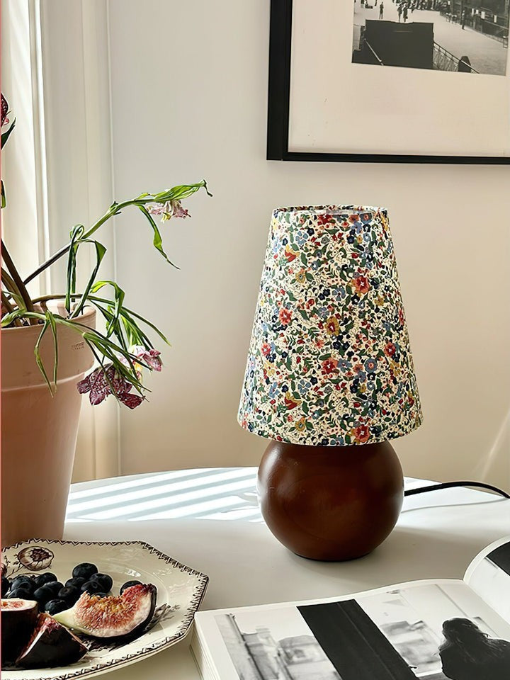Floral Pattern LED Table Lamp with Wooden Base
