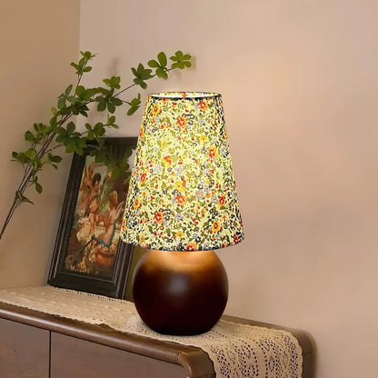 Floral Pattern LED Table Lamp with Wooden Base