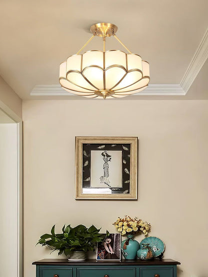 Frosted Glass Flower Ceiling Light with Brass Accents
