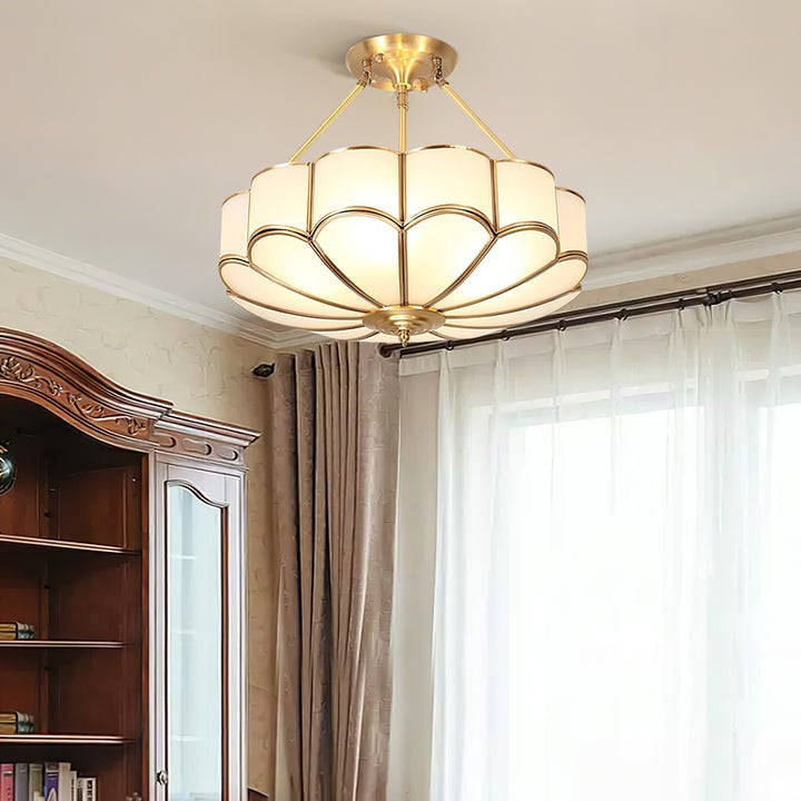 Frosted Glass Flower Ceiling Light with Brass Accents