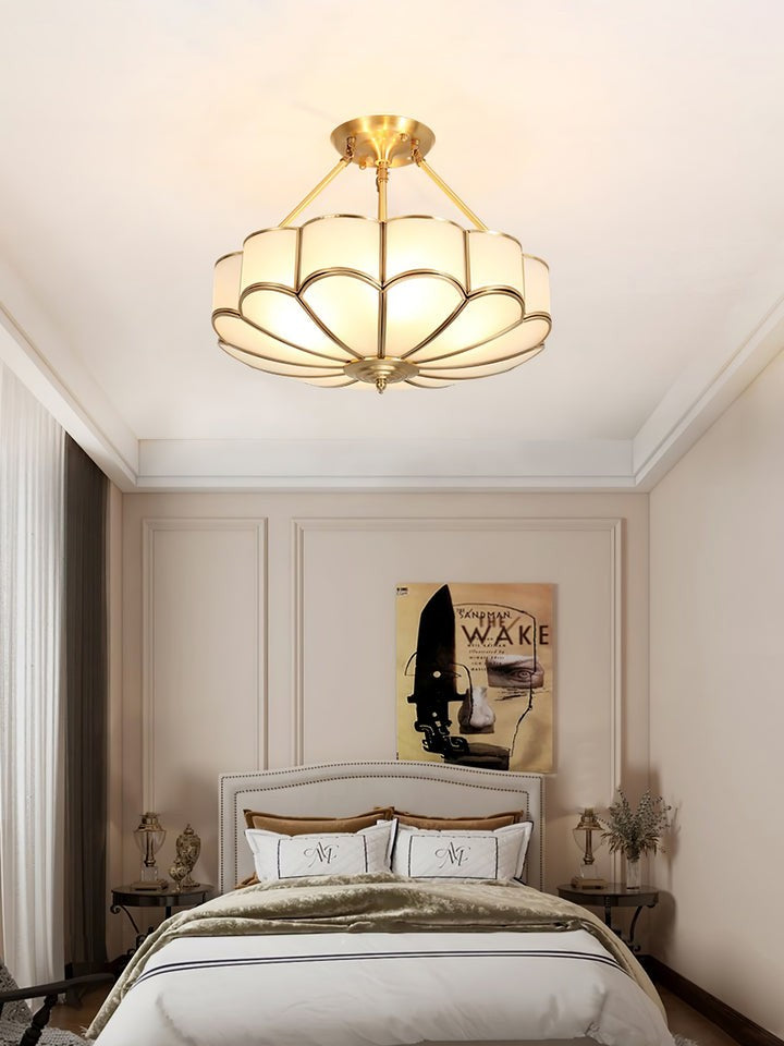 Frosted Glass Flower Ceiling Light with Brass Accents
