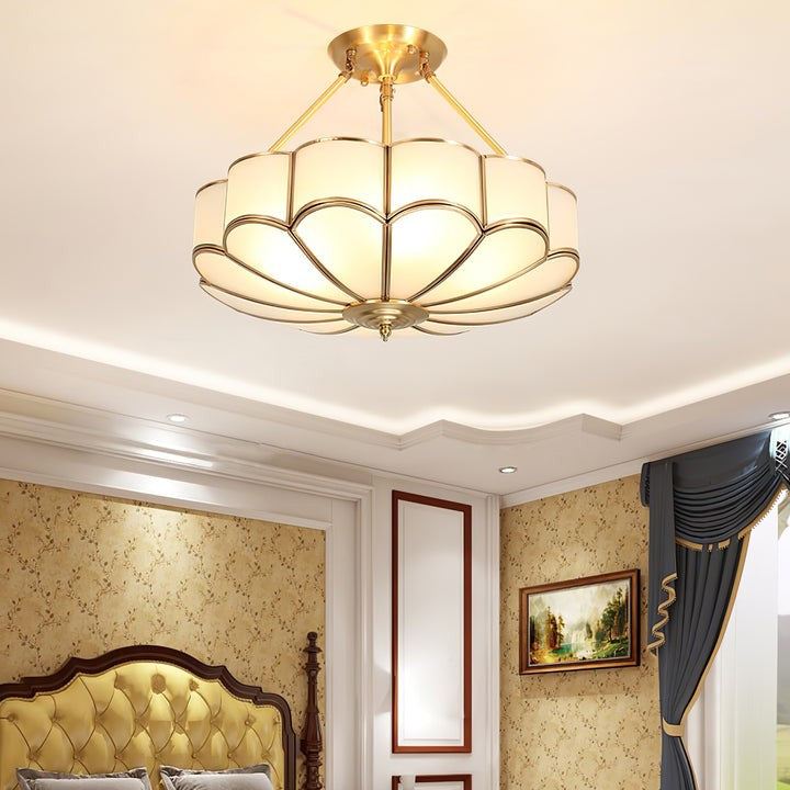 Frosted Glass Flower Ceiling Light with Brass Accents