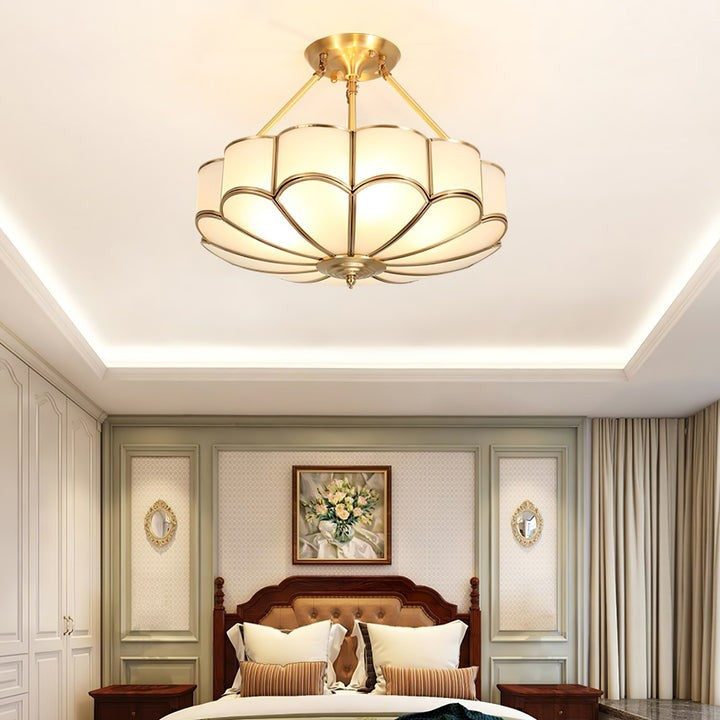 Frosted Glass Flower Ceiling Light with Brass Accents