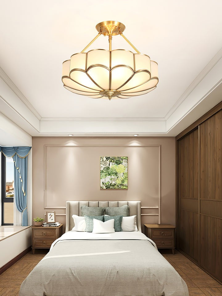 Frosted Glass Flower Ceiling Light with Brass Accents
