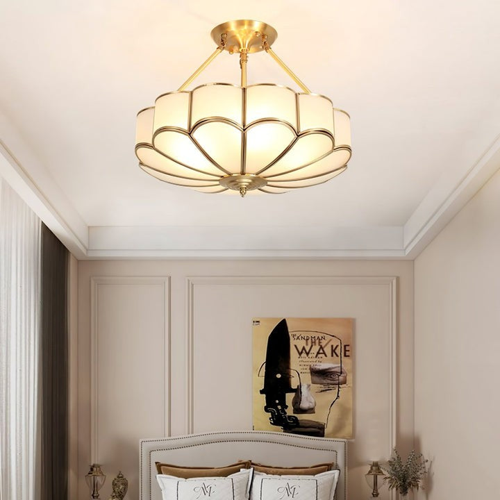 Frosted Glass Flower Ceiling Light with Brass Accents