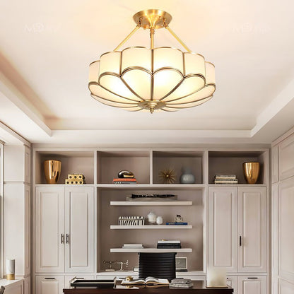 Frosted Glass Flower Ceiling Light with Brass Accents