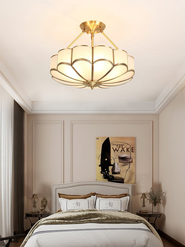 Frosted Glass Flower Ceiling Light with Brass Accents