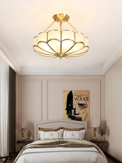 Frosted Glass Flower Ceiling Light with Brass Accents
