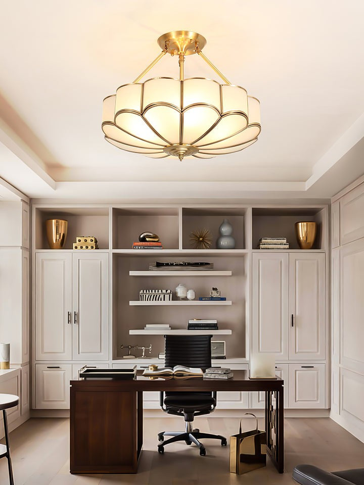 Frosted Glass Flower Ceiling Light with Brass Accents