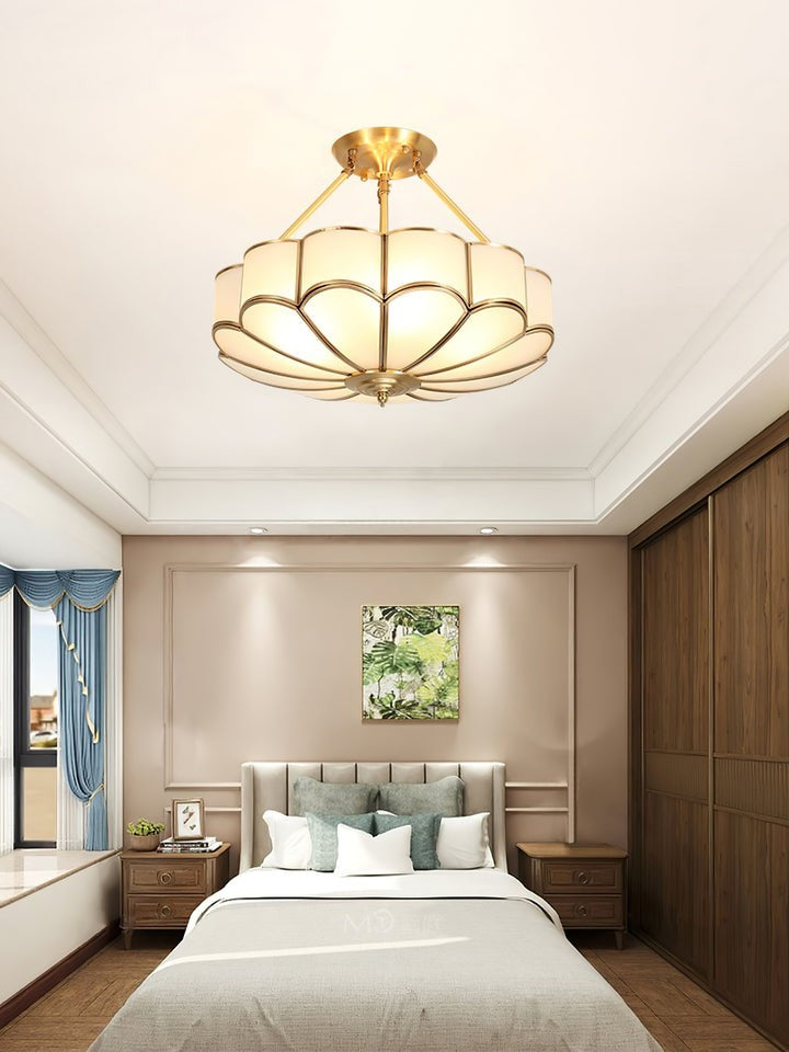 Frosted Glass Flower Ceiling Light with Brass Accents
