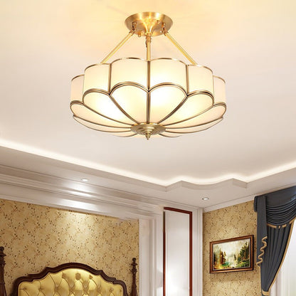 Frosted Glass Flower Ceiling Light with Brass Accents