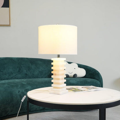 Geometric Alabaster Table Lamp with White Fabric Shade