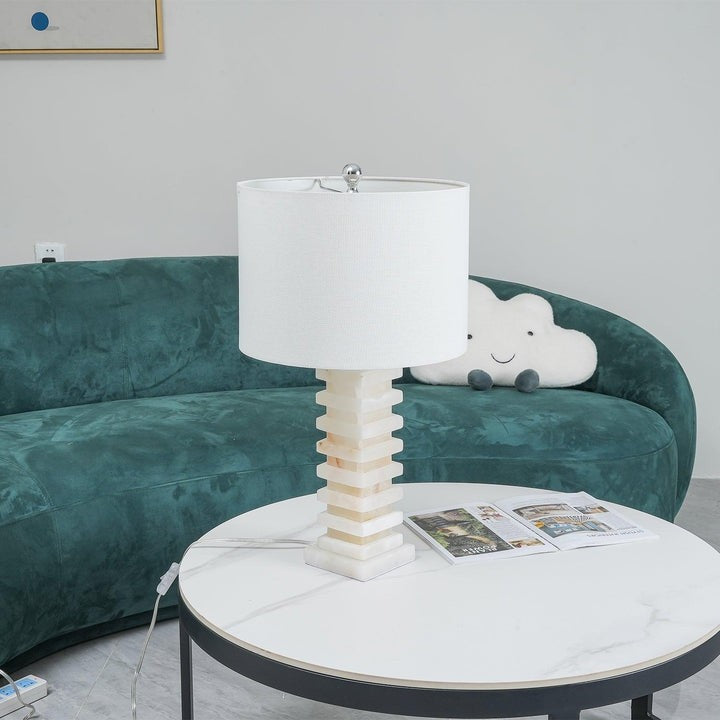 Geometric Alabaster Table Lamp with White Fabric Shade