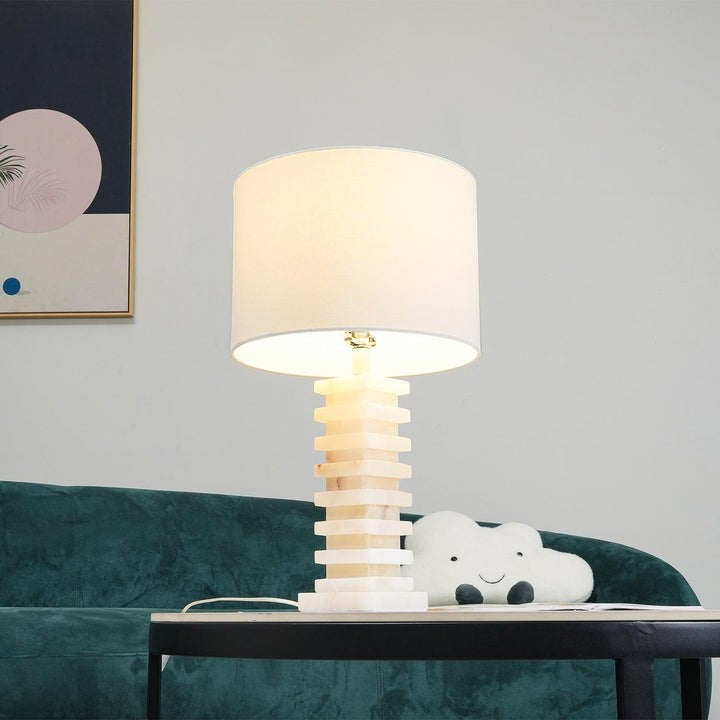 Geometric Alabaster Table Lamp with White Fabric Shade