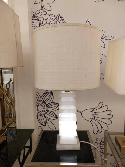 Geometric Alabaster Table Lamp with White Fabric Shade