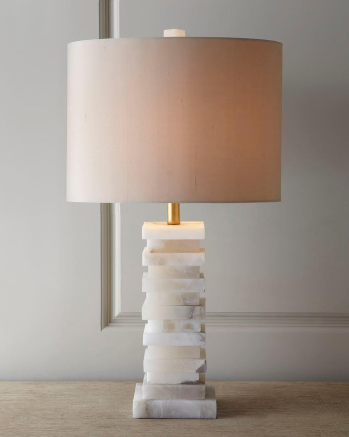 Geometric Alabaster Table Lamp with White Fabric Shade
