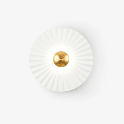 Glossy White & Gold Pleated Ceramic Wall Sconce with Integrated LED