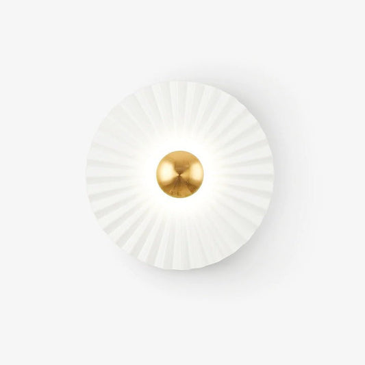 Glossy White & Gold Pleated Ceramic Wall Sconce with Integrated LED