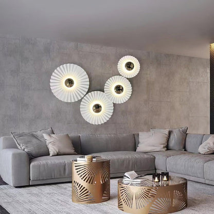 Glossy White & Gold Pleated Ceramic Wall Sconce with Integrated LED