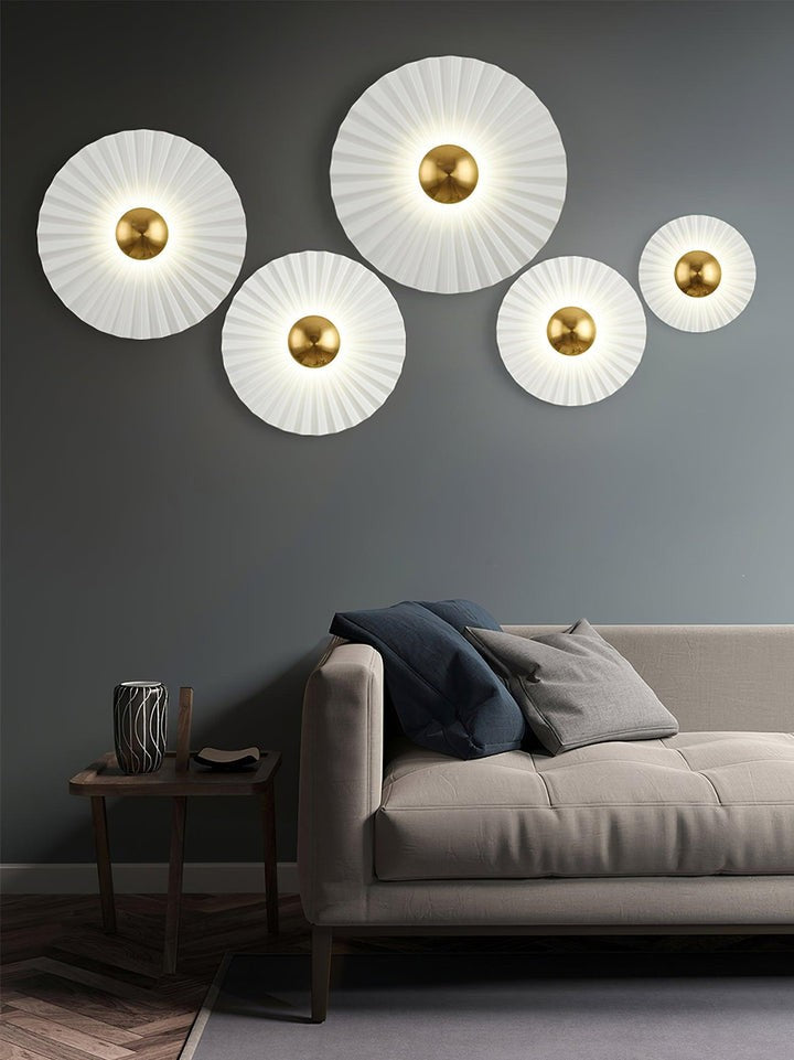 Glossy White & Gold Pleated Ceramic Wall Sconce with Integrated LED