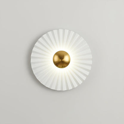 Glossy White & Gold Pleated Ceramic Wall Sconce with Integrated LED