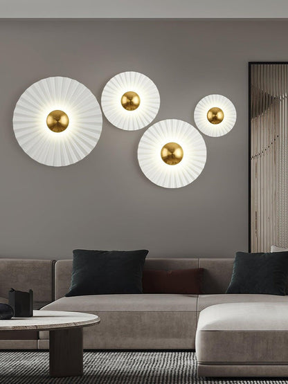 Glossy White & Gold Pleated Ceramic Wall Sconce with Integrated LED