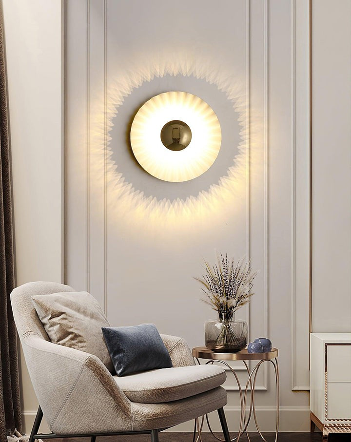 Glossy White & Gold Pleated Ceramic Wall Sconce with Integrated LED