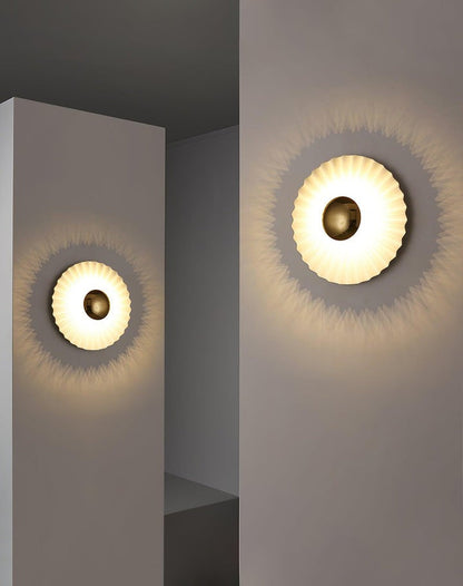 Glossy White & Gold Pleated Ceramic Wall Sconce with Integrated LED