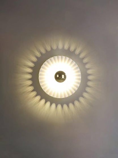 Glossy White & Gold Pleated Ceramic Wall Sconce with Integrated LED