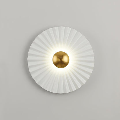 Glossy White & Gold Pleated Ceramic Wall Sconce with Integrated LED