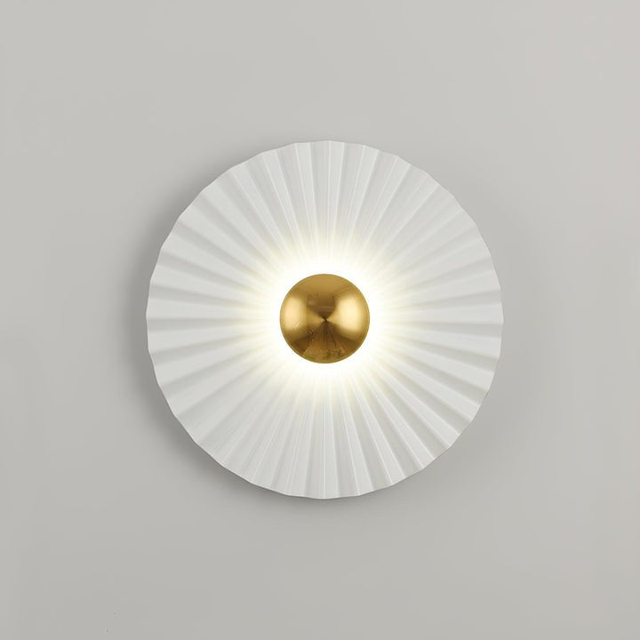 Glossy White & Gold Pleated Ceramic Wall Sconce with Integrated LED