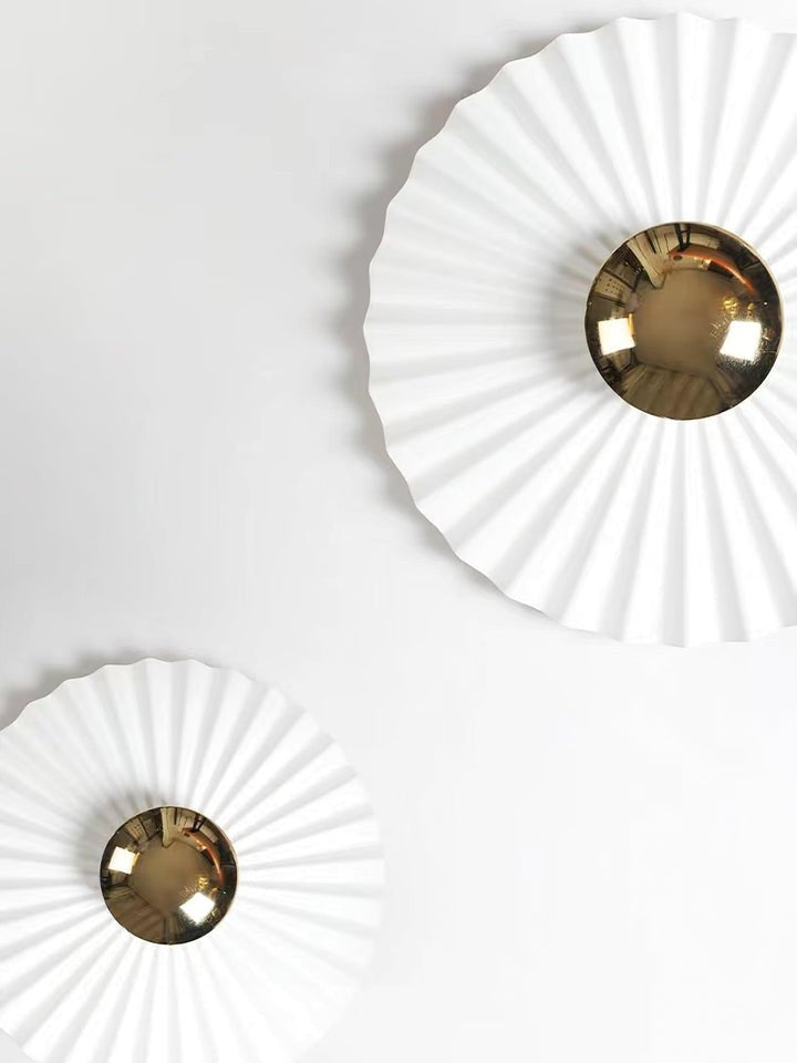Glossy White & Gold Pleated Ceramic Wall Sconce with Integrated LED