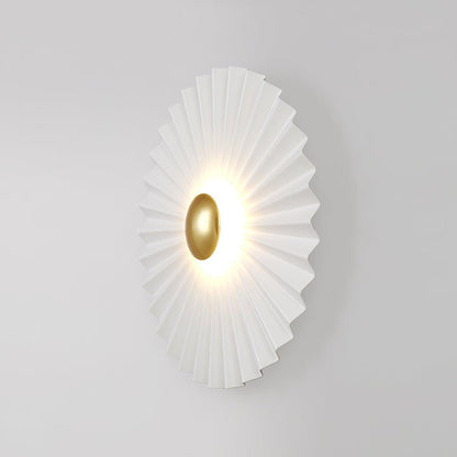 Glossy White & Gold Pleated Ceramic Wall Sconce with Integrated LED