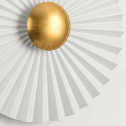Glossy White & Gold Pleated Ceramic Wall Sconce with Integrated LED