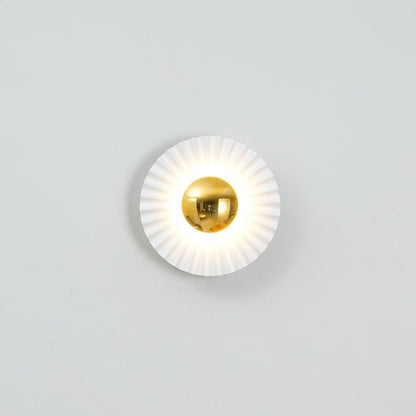 Glossy White & Gold Pleated Ceramic Wall Sconce with Integrated LED