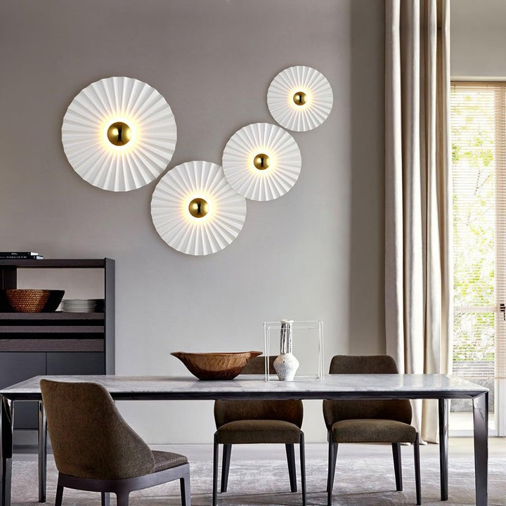 Glossy White & Gold Pleated Ceramic Wall Sconce with Integrated LED