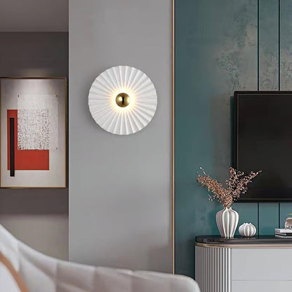 Glossy White & Gold Pleated Ceramic Wall Sconce with Integrated LED
