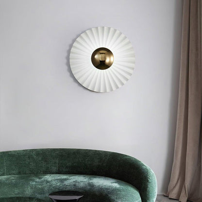 Glossy White & Gold Pleated Ceramic Wall Sconce with Integrated LED