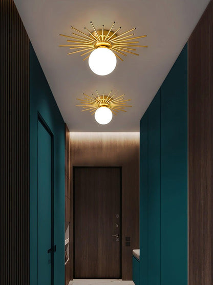 Gold Brass Flush-Mount Ceiling Light with Frosted Glass Globe