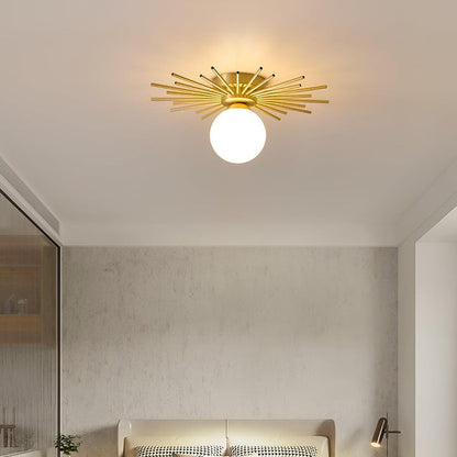Gold Brass Flush-Mount Ceiling Light with Frosted Glass Globe