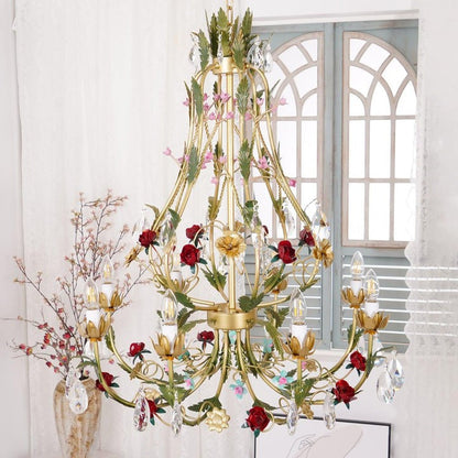 Gold Rose Crystal Chandelier with Candle Bulbs