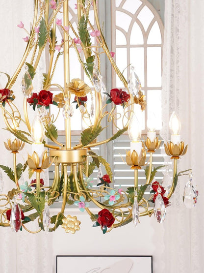 Gold Rose Crystal Chandelier with Candle Bulbs