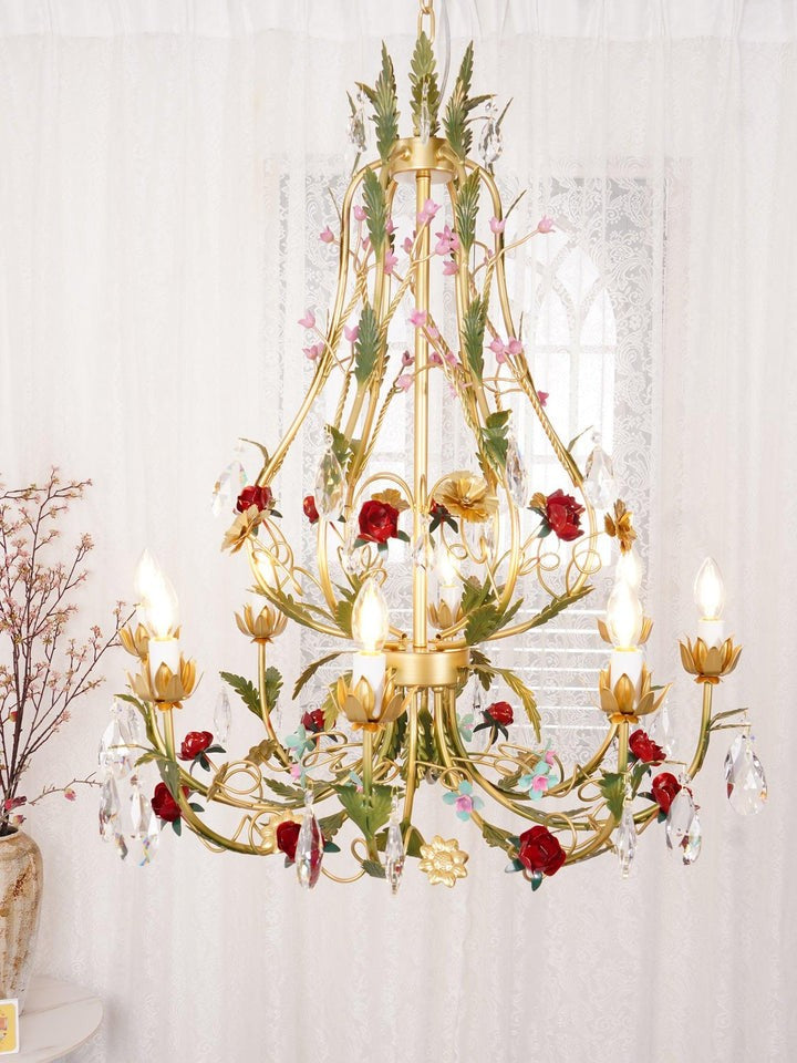 Gold Rose Crystal Chandelier with Candle Bulbs
