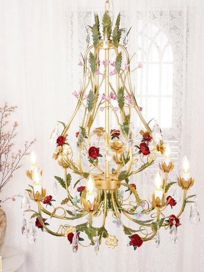 Gold Rose Crystal Chandelier with Candle Bulbs